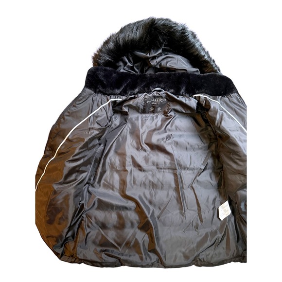 Nautica Womens Black Puffer Jacket Hooded Faux Fur Trim Water Resistant Size L - Picture 8 of 10